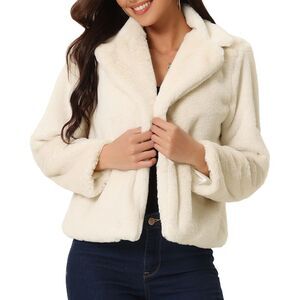 Women's Winter Cropped Jacket Notch Lapel Faux Fur Fluffy Coat Dark Beige